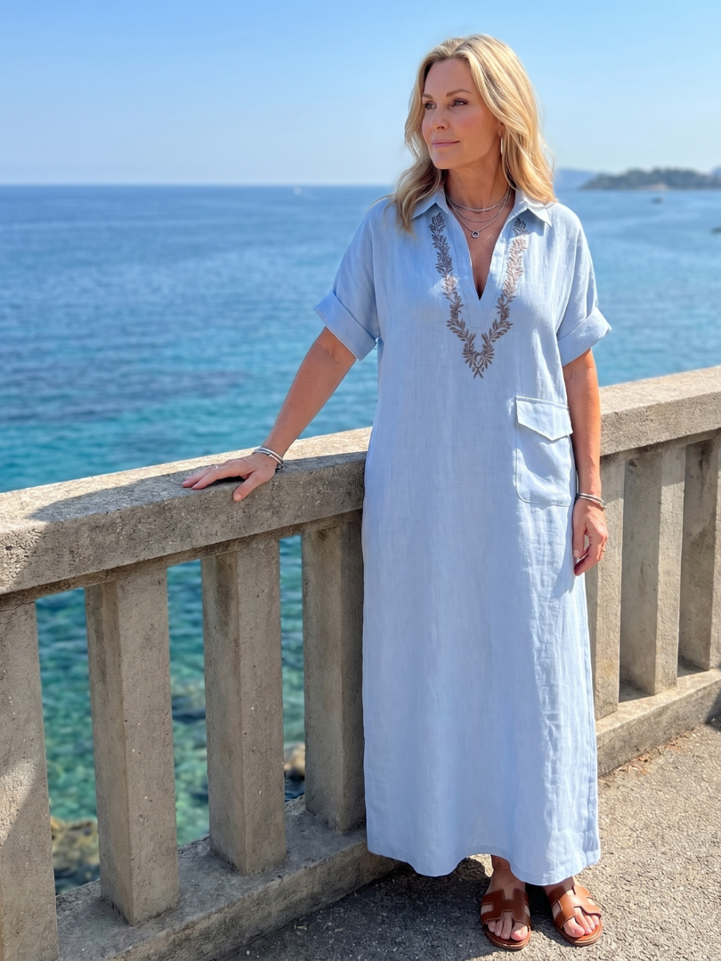 Calluna | Robe Midi à Manches Courtes en V avec Détails Brodés