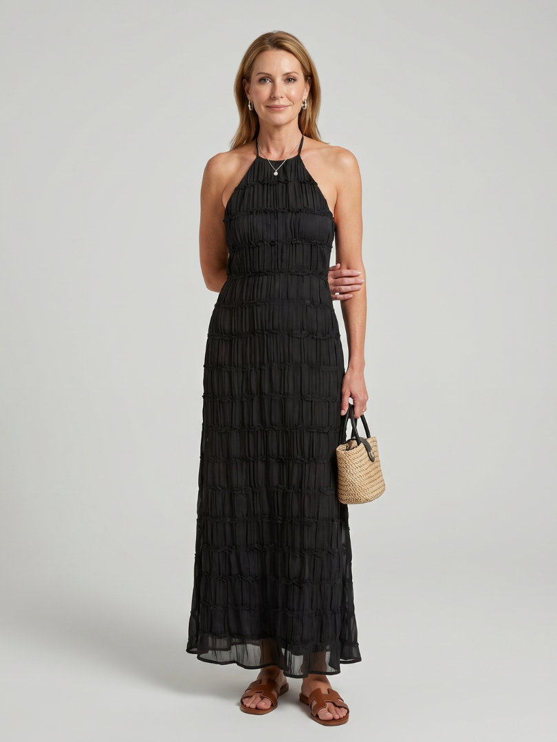 Jolene | Robe maxi ajustée à franges texturées