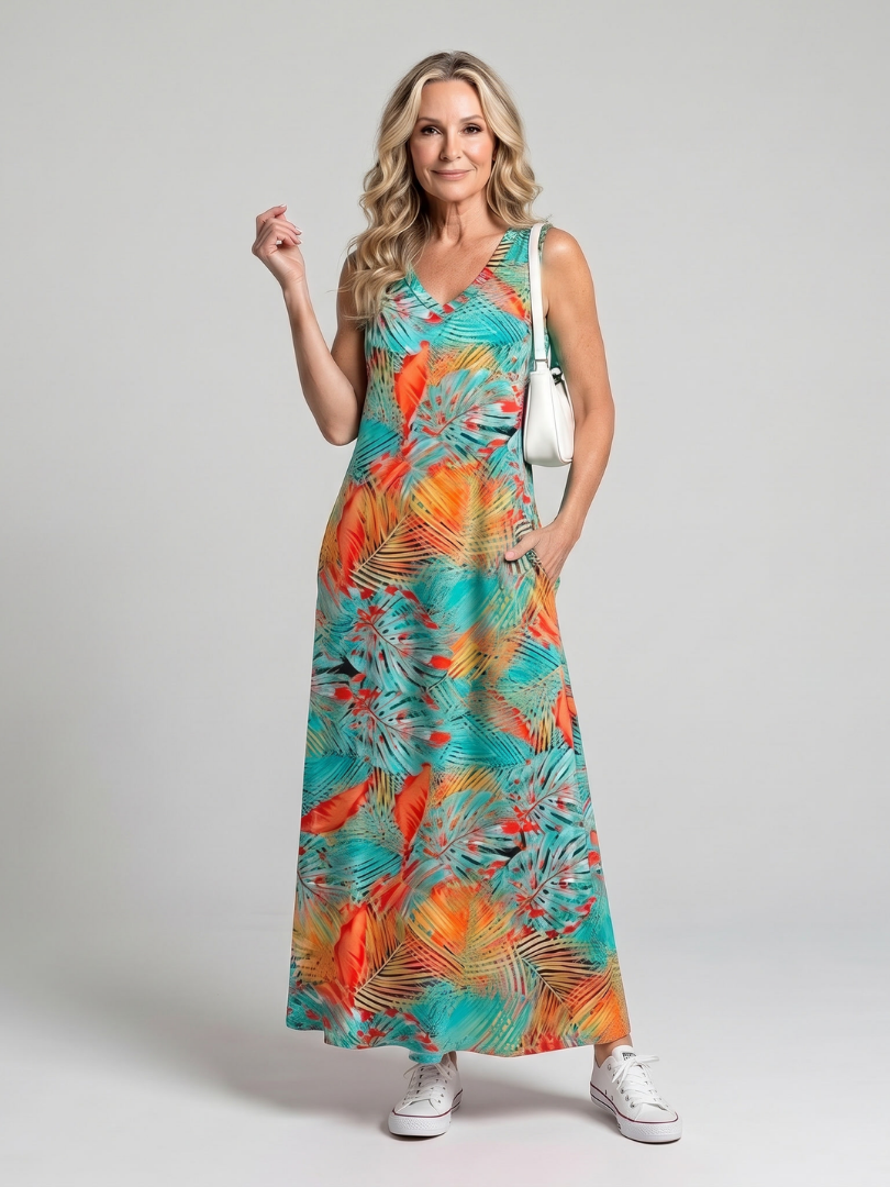 Valerie | Robe Midi Sans Manches Imprimée de Feuilles Tropicales