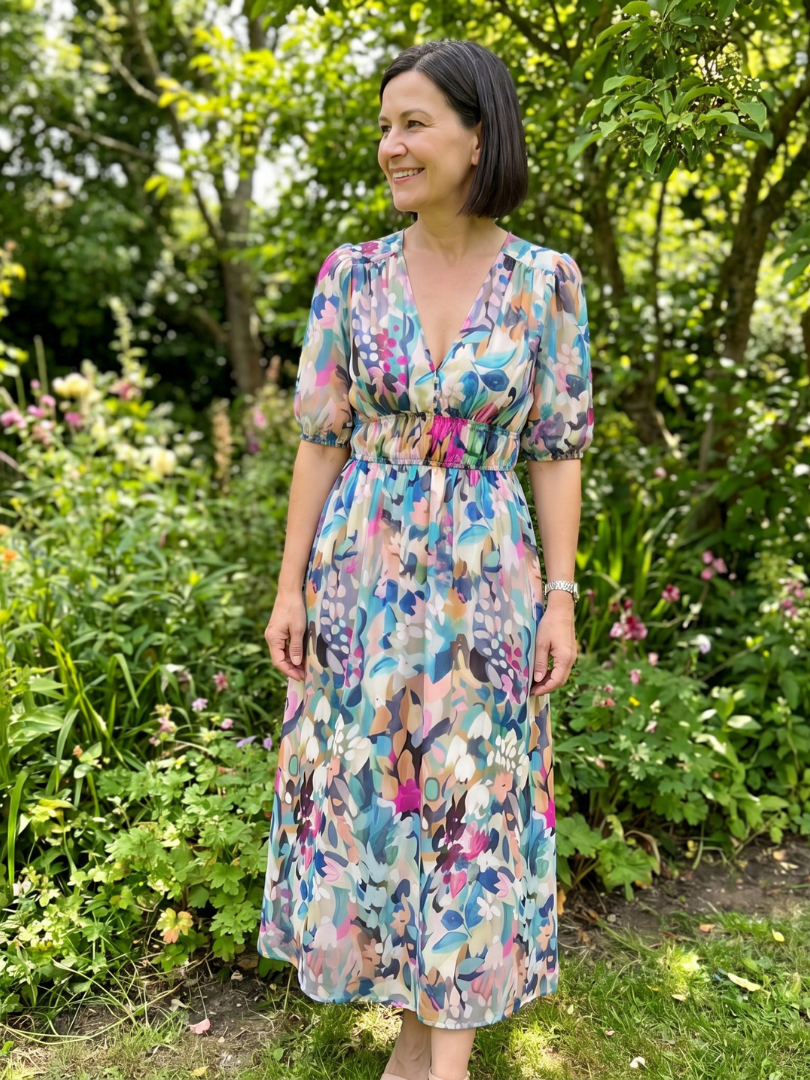 Candlia | Robe Midi Imprimé Abstrait à Manches Bouffantes et Décolleté en V