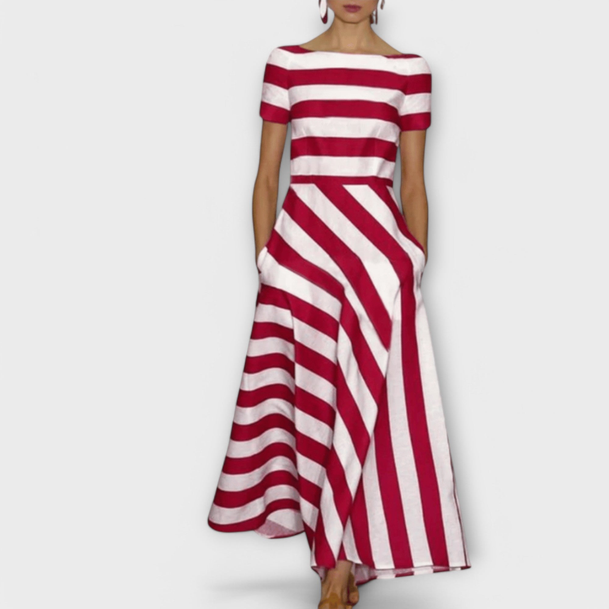 Robe Longue Rayée avec Col Bateau et Poches pour Femme