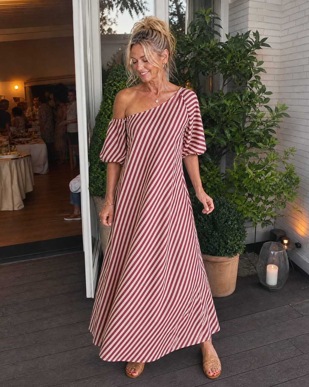Zamrina | Robe Midi à Manches Bouffantes Rayée Décolleté Bardot