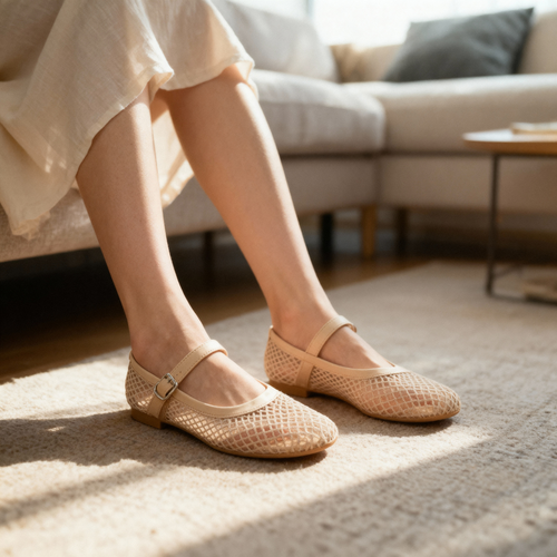 Ballerines en Maille avec Sangle à Boucle et Bout Ronde Style Mary Jane