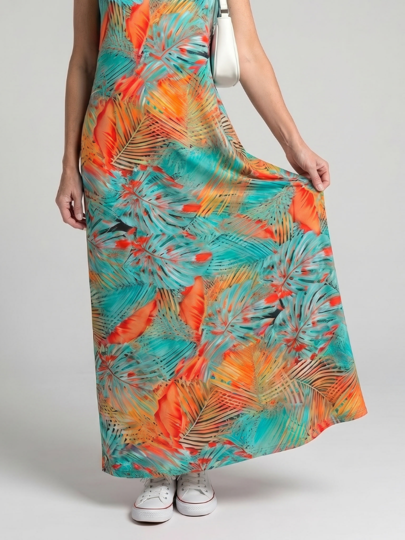 Valerie | Robe Midi Sans Manches Imprimée de Feuilles Tropicales