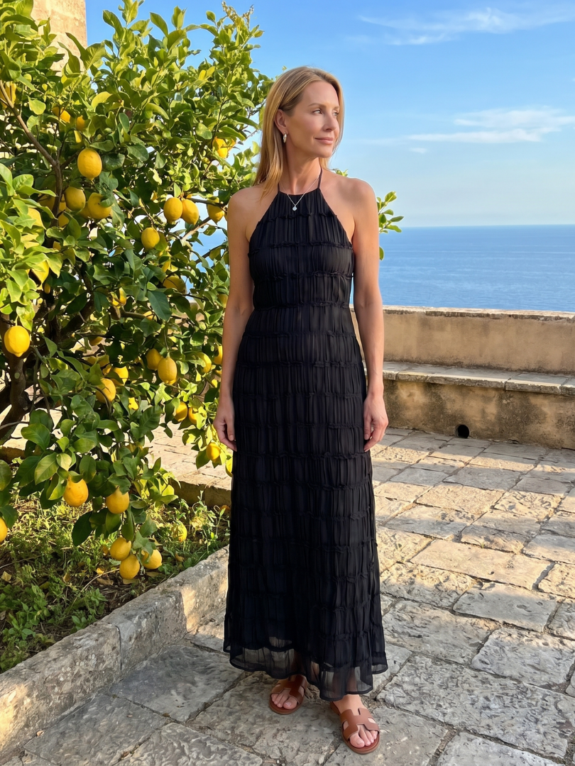 Jolene | Robe maxi ajustée à franges texturées