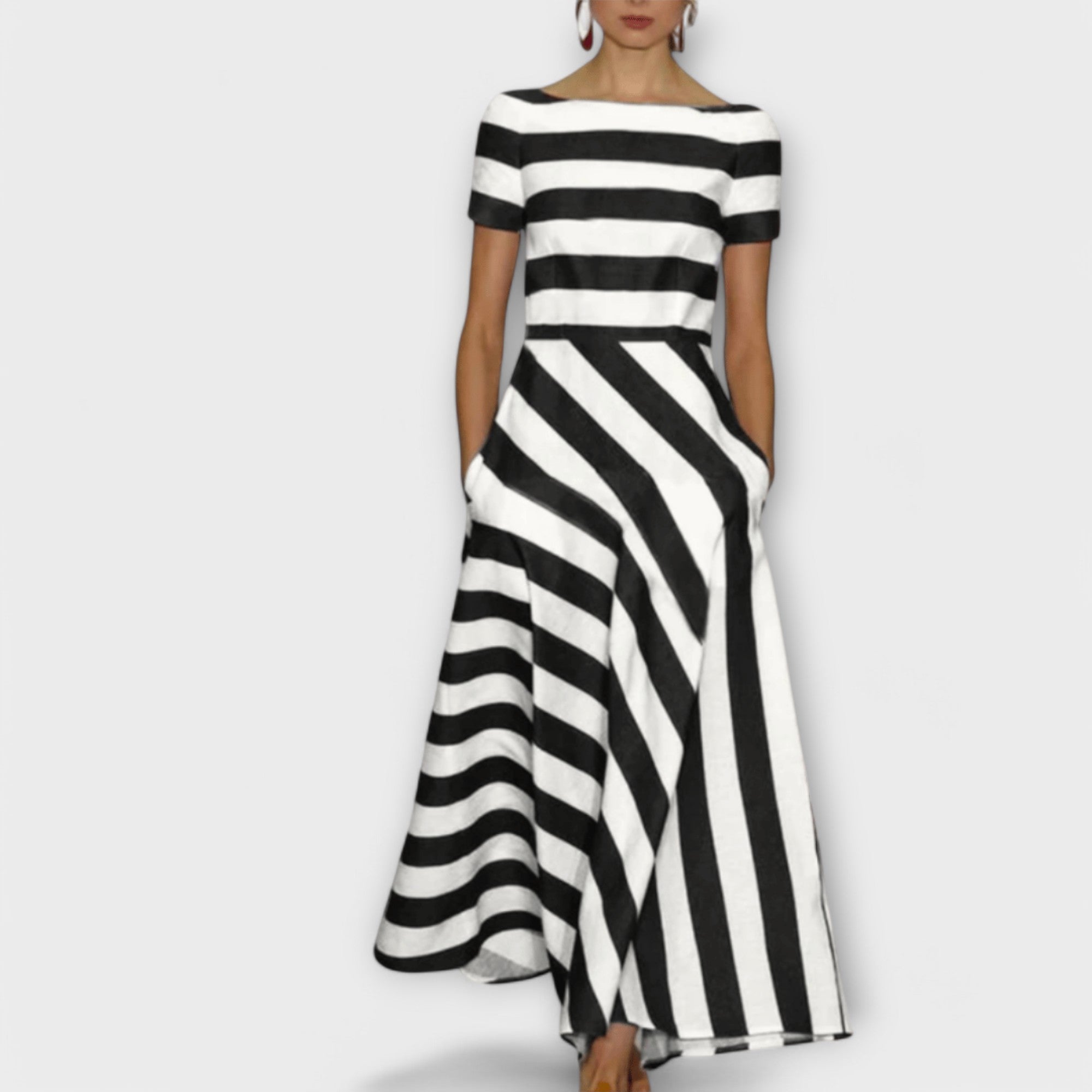 Robe Longue Rayée avec Col Bateau et Poches pour Femme
