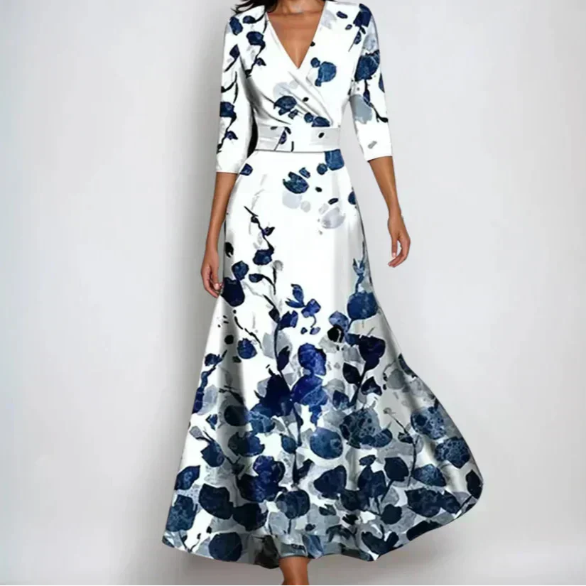 Robe Longue pour Femme avec Décolleté en V et Imprimé Floral à Manches Longues