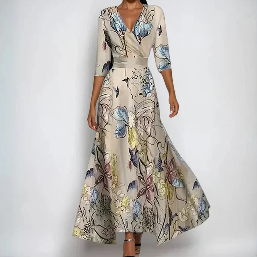 Robe Longue pour Femme avec Décolleté en V et Imprimé Floral à Manches Longues