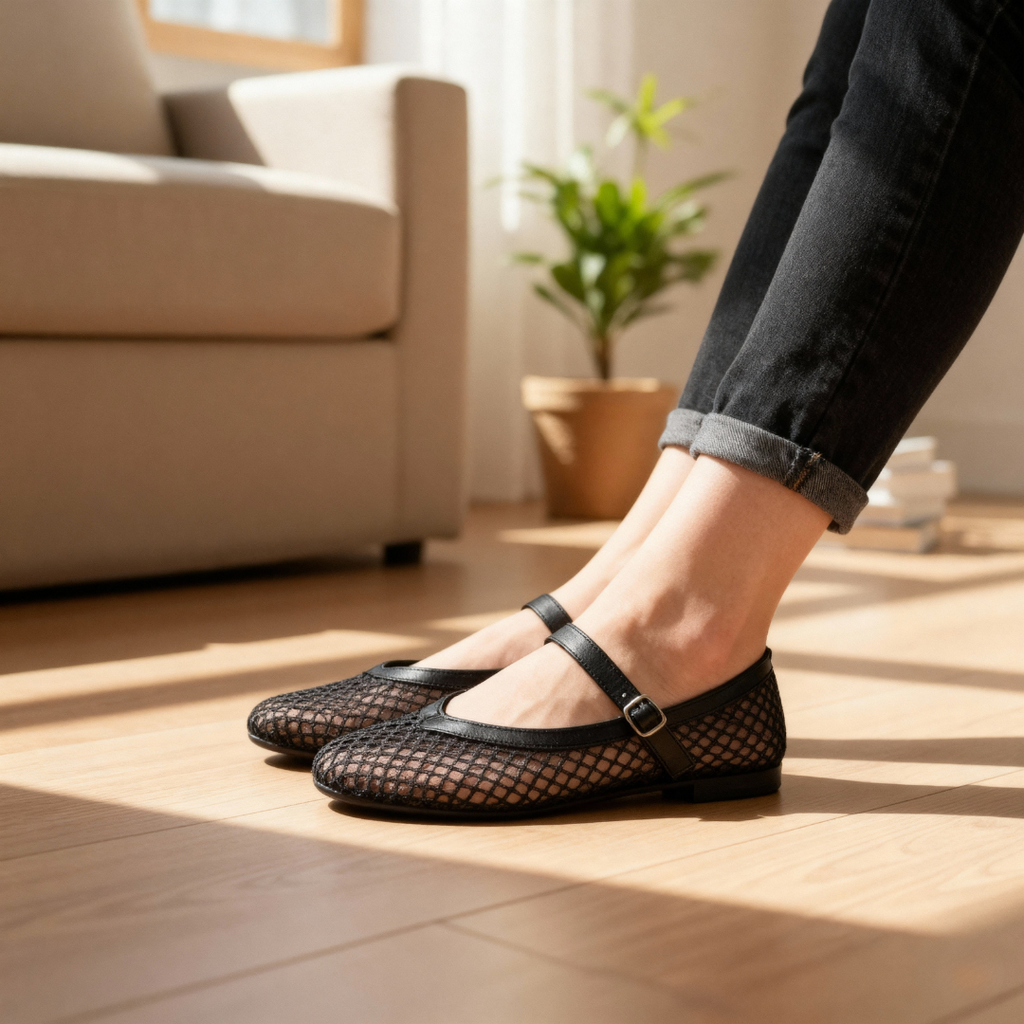 Ballerines en Maille avec Sangle à Boucle et Bout Ronde Style Mary Jane