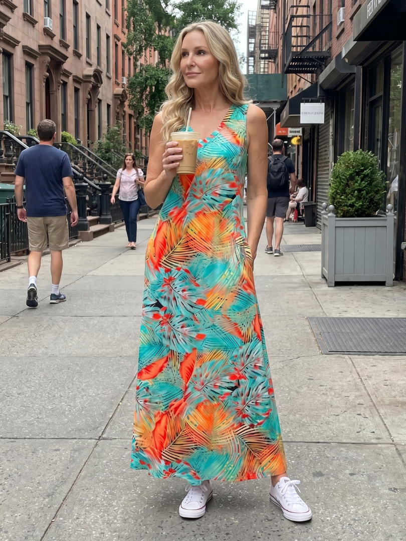 Valerie | Robe Midi Sans Manches Imprimée de Feuilles Tropicales