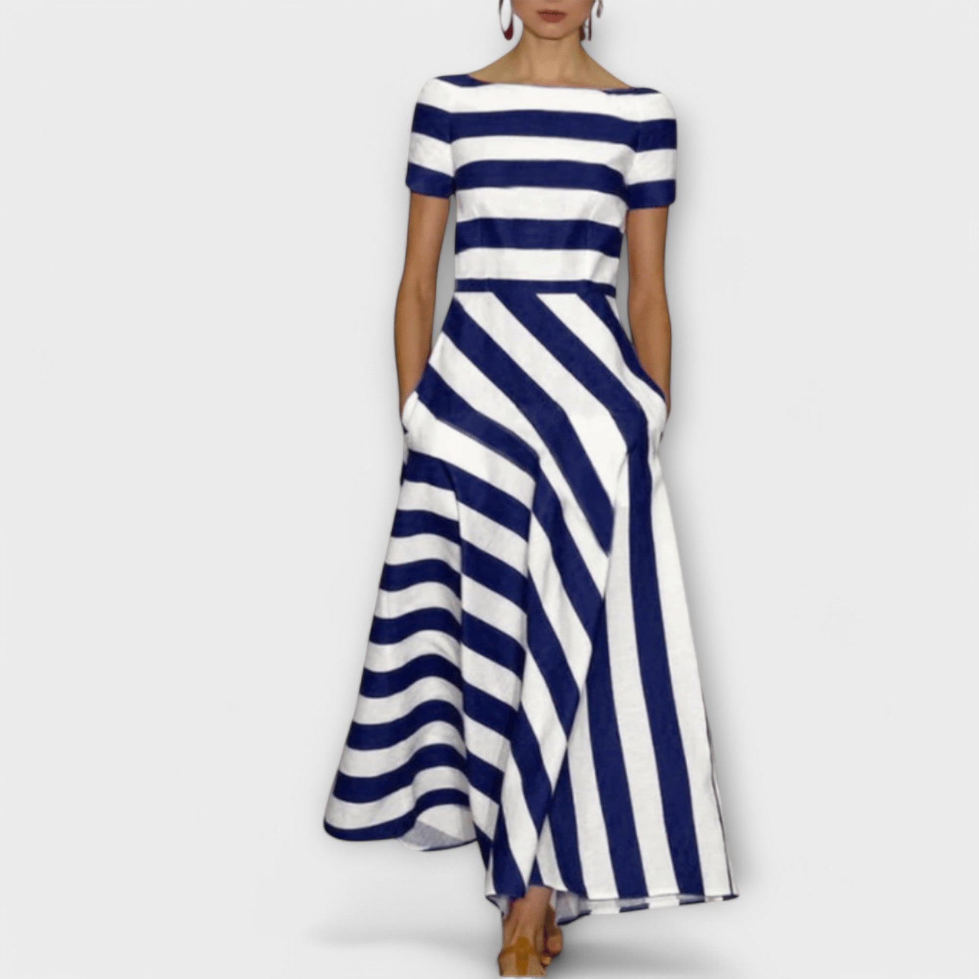 Robe Longue Rayée avec Col Bateau et Poches pour Femme