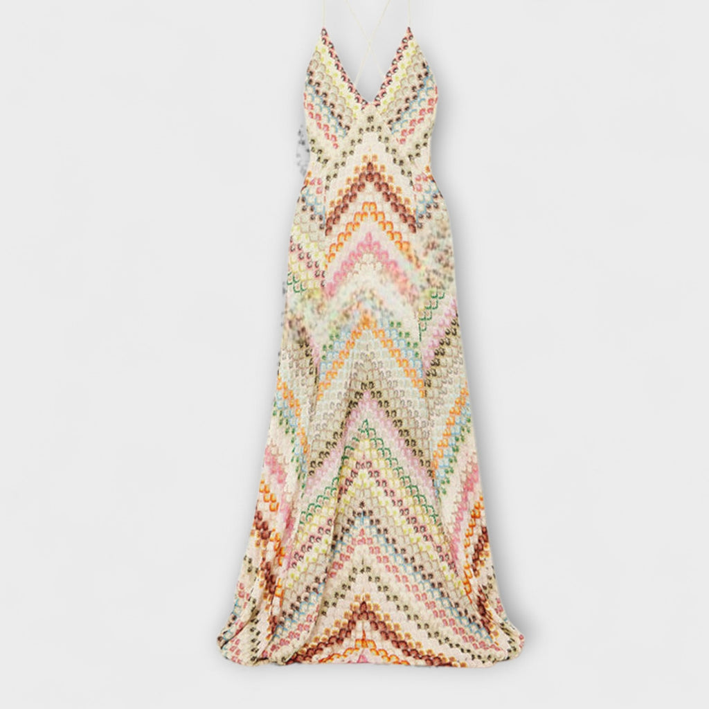 Robe Longue en Tricot avec Imprimé Zigzag et Décolleté en V Profond