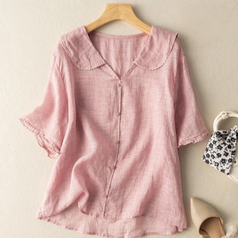 Blouse en Lin de Style Vintage avec Col Festonné et Boutons pour Femme