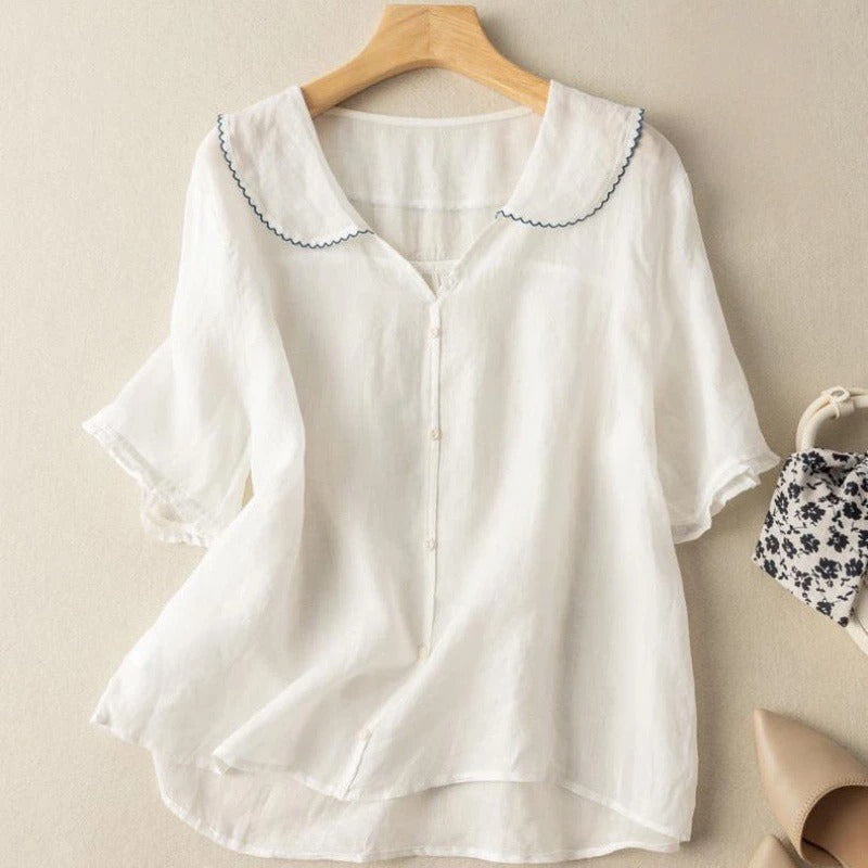 Blouse en Lin de Style Vintage avec Col Festonné et Boutons pour Femme