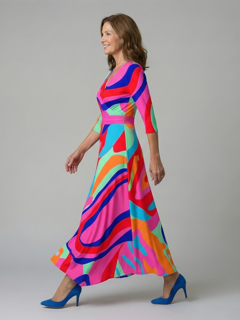 Celine | Robe Midi à Enveloppe avec Manches Longues