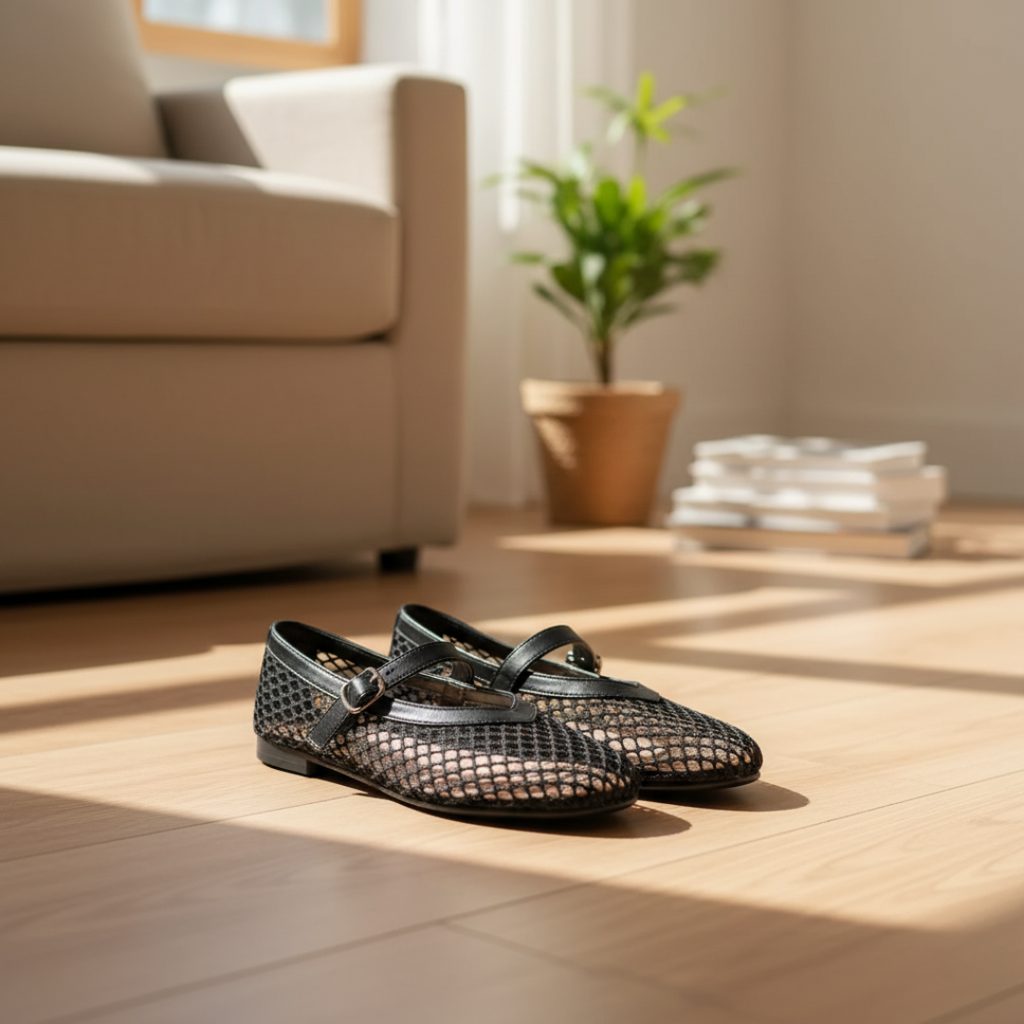Ballerines en Maille avec Sangle à Boucle et Bout Ronde Style Mary Jane