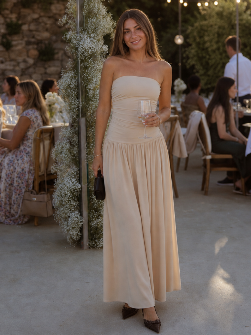 Zelene | Robe Midi à Bustier Froncé