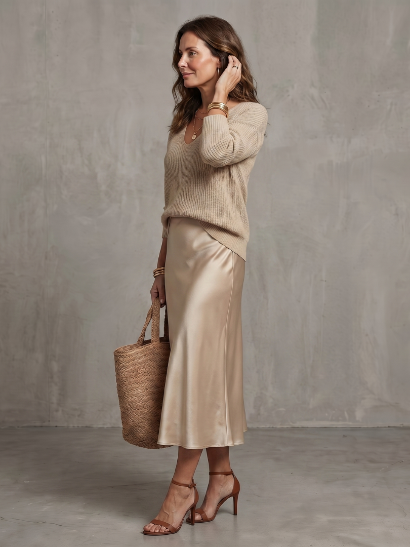 Luciana | Jupe en satin biais avec ensemble en tricot
