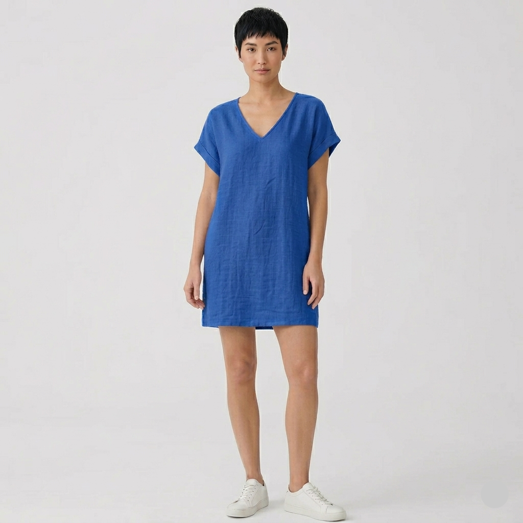 Robe Courte Femme Élégante Col V Manches Courtes