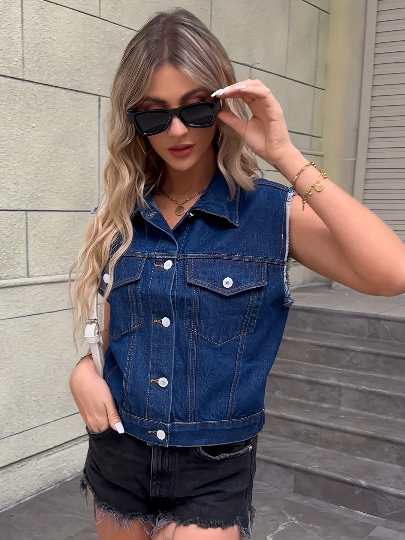 Veste en jean sans manches avec poches plaquées