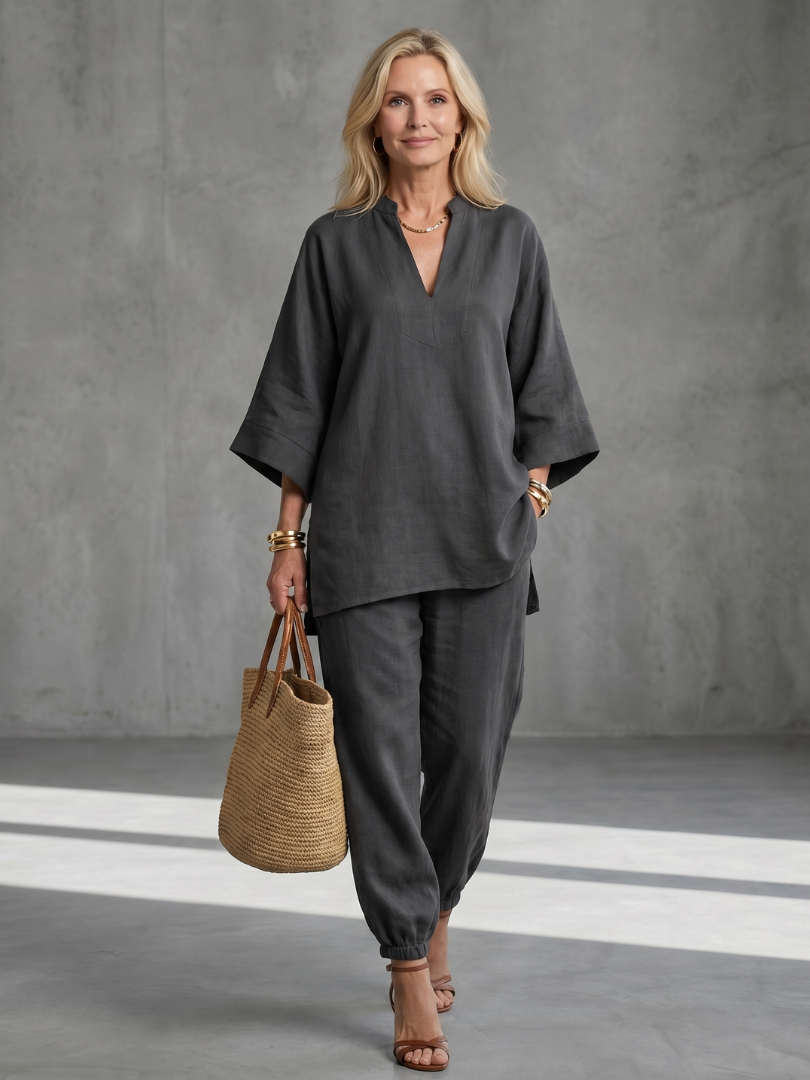 Georgiana | Ensemble tunique à col en V et pantalon froncé