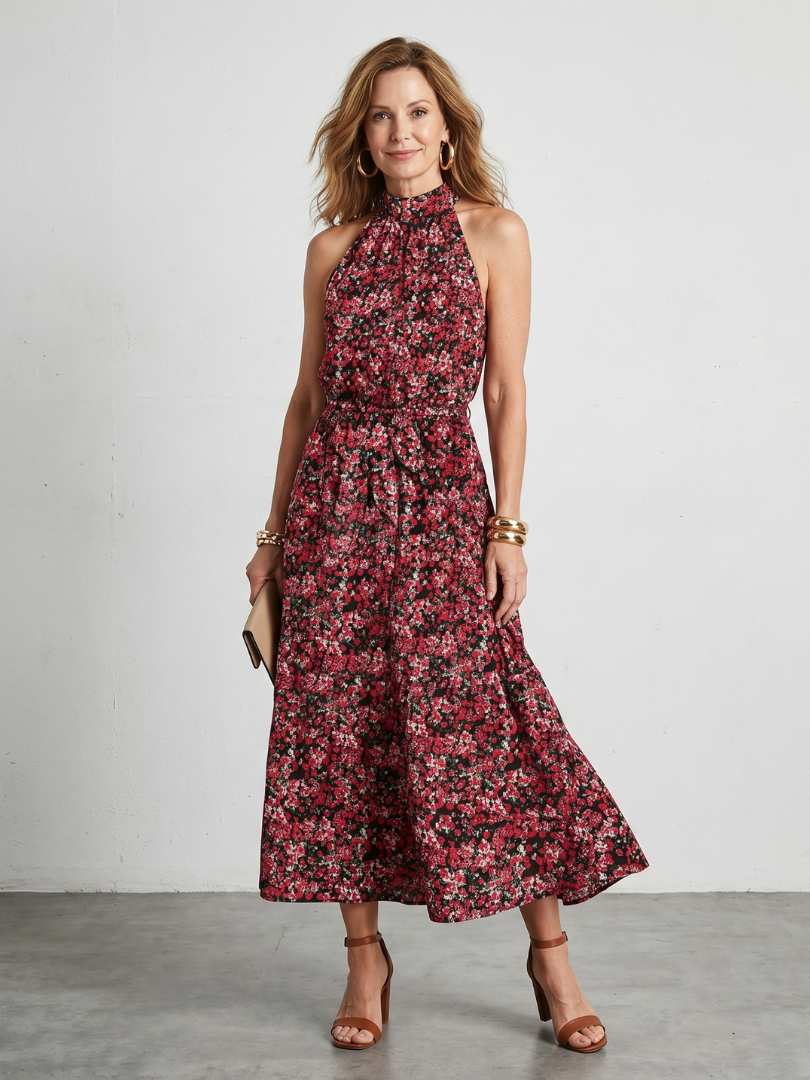 Anis | Robe Midi à Col Montant à Fleurs
