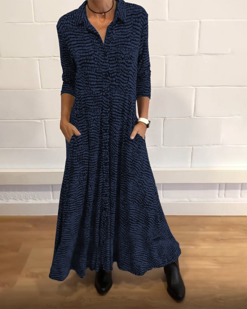 Robe Midi Femme à Manches Mi-Longues, Col Chemise et Poches Latérales