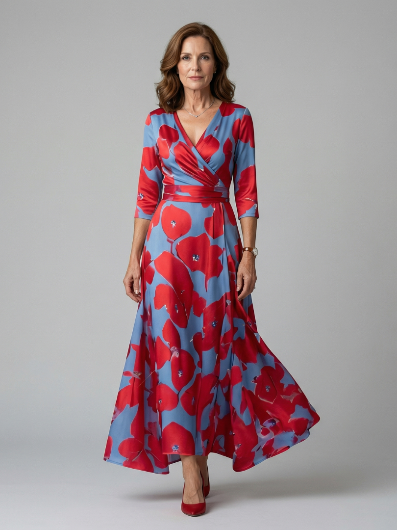 Celine | Robe Midi à Enveloppe avec Manches Longues