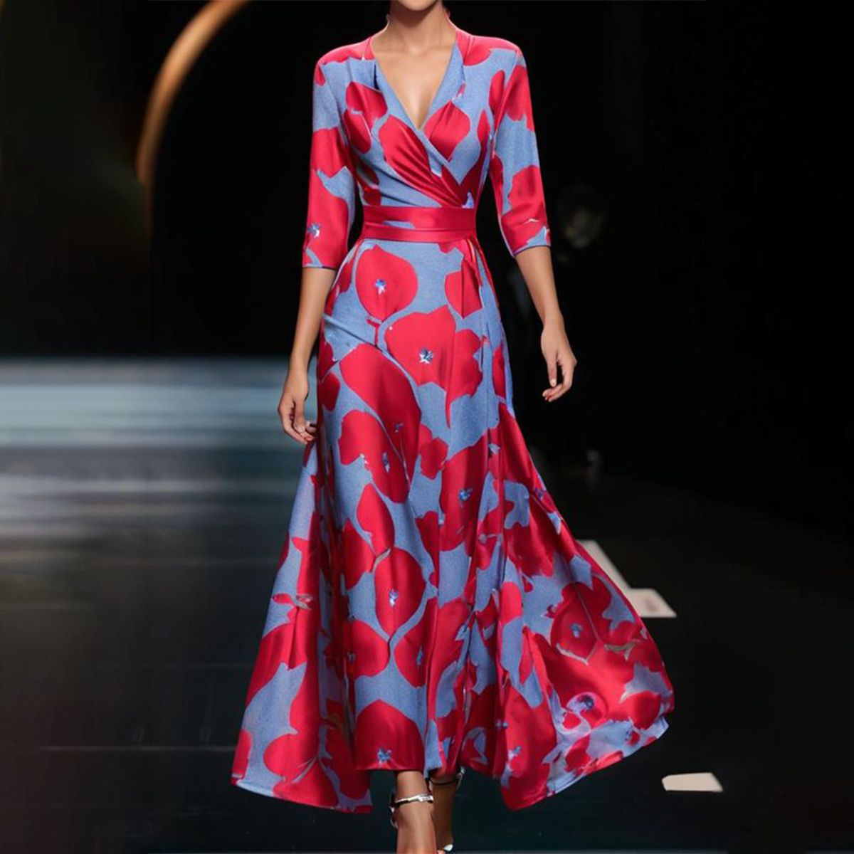 Robe maxi populaire avec des manches 3/4 et décolleté en V