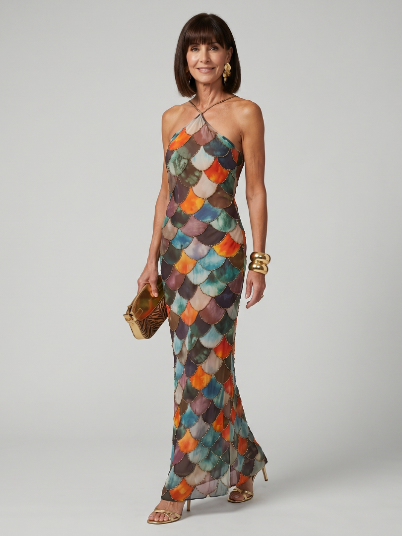Larkin | Robe maxi ajustée à motifs écailles multicolores