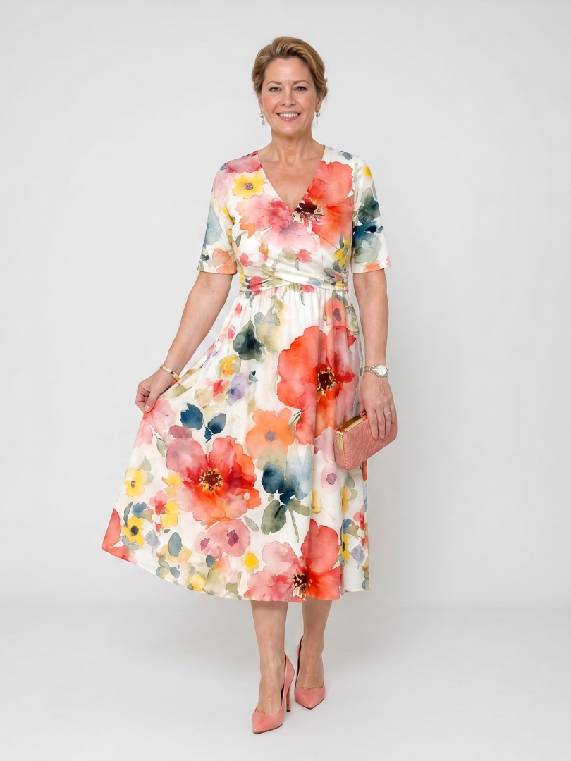 Corinne | Robe Midi à Imprimé Floral à Manches Courtes et Col V