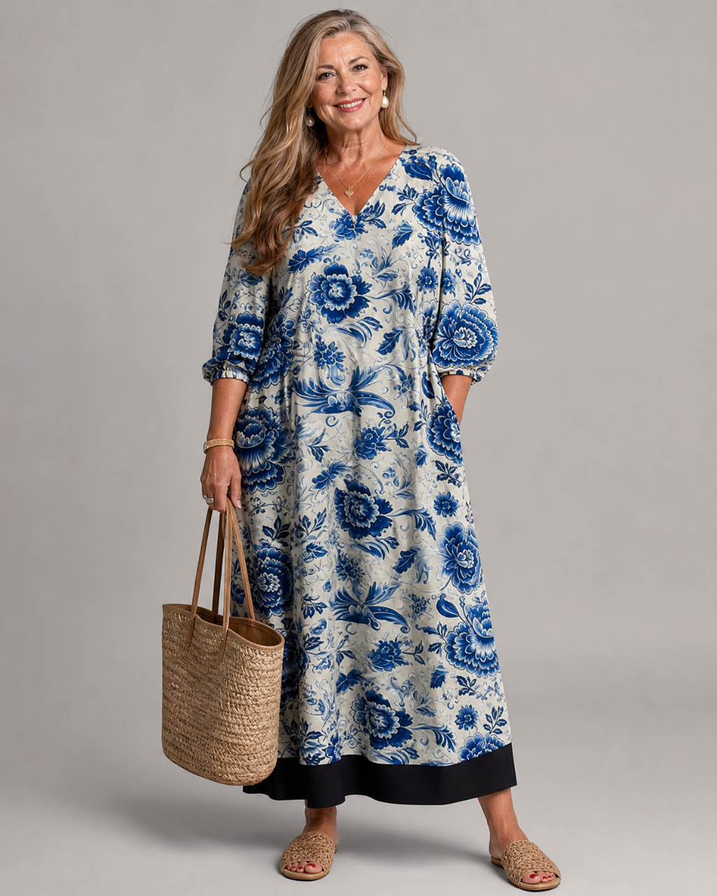 Celope | Robe Midi Détail Floral en Porcelaine Bleue