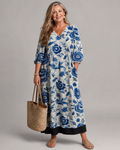 Celope | Robe Midi Détail Floral en Porcelaine Bleue