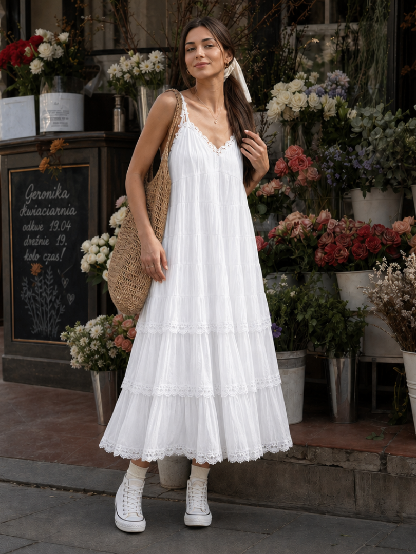Lorelei | Robe midi à bretelles spaghetti avec couches de dentelle superposées