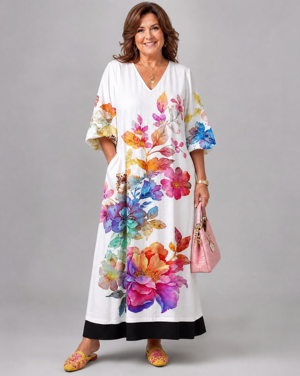 Florienne | Robe Midi à Poches avec Imprimé Aquarelle