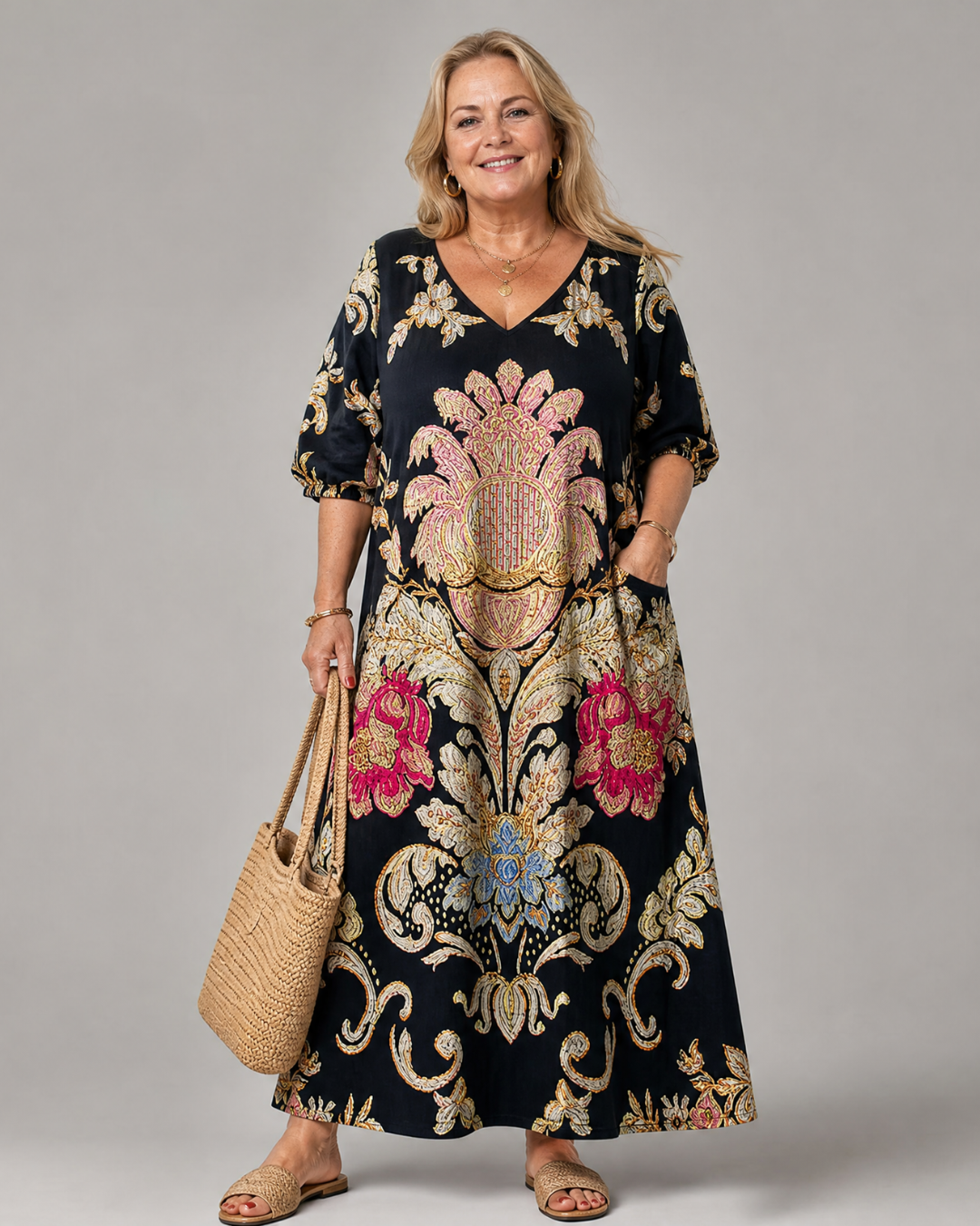 Evarose | Robe midi à manches trois-quarts avec imprimé vintage orné