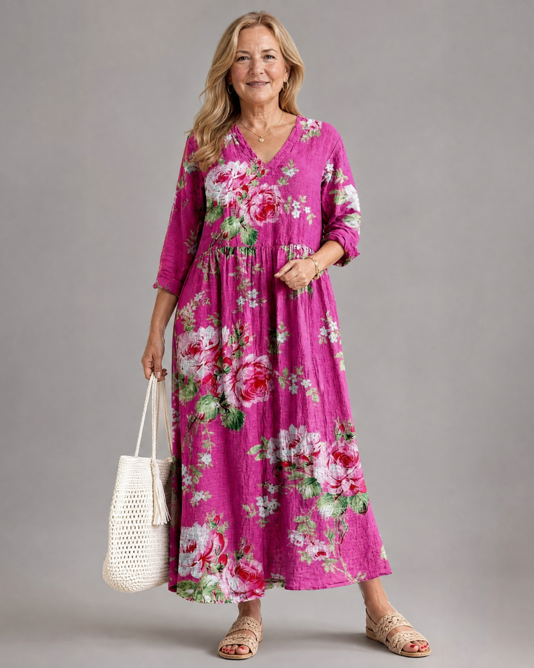 Rosavelle | Robe Midi à Taille Rassemblée Imprimé Rose Vintage