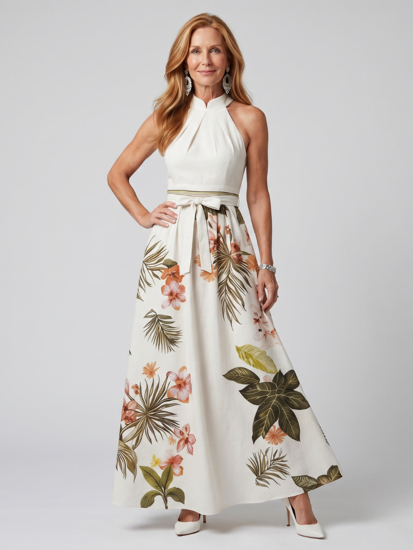 Prairie | Robe maxi à panneaux botaniques avec col halter drapé