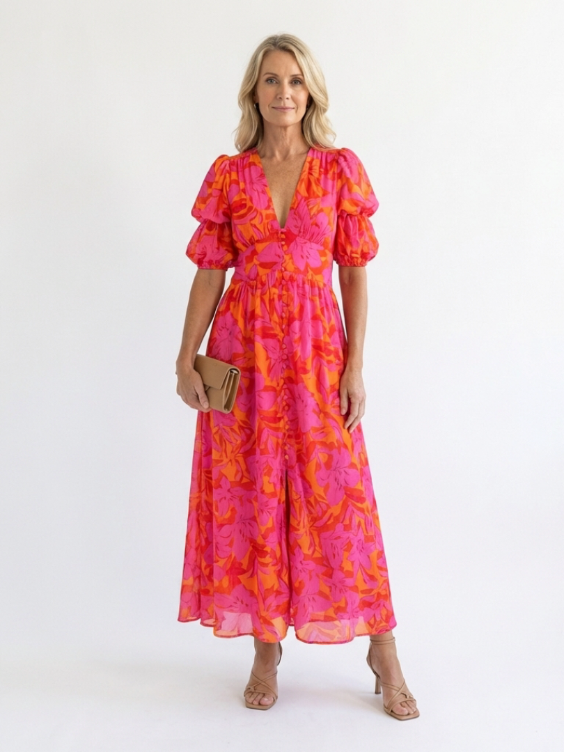 Saule | Robe Midi à Manches Bouffantes et Col V Floral