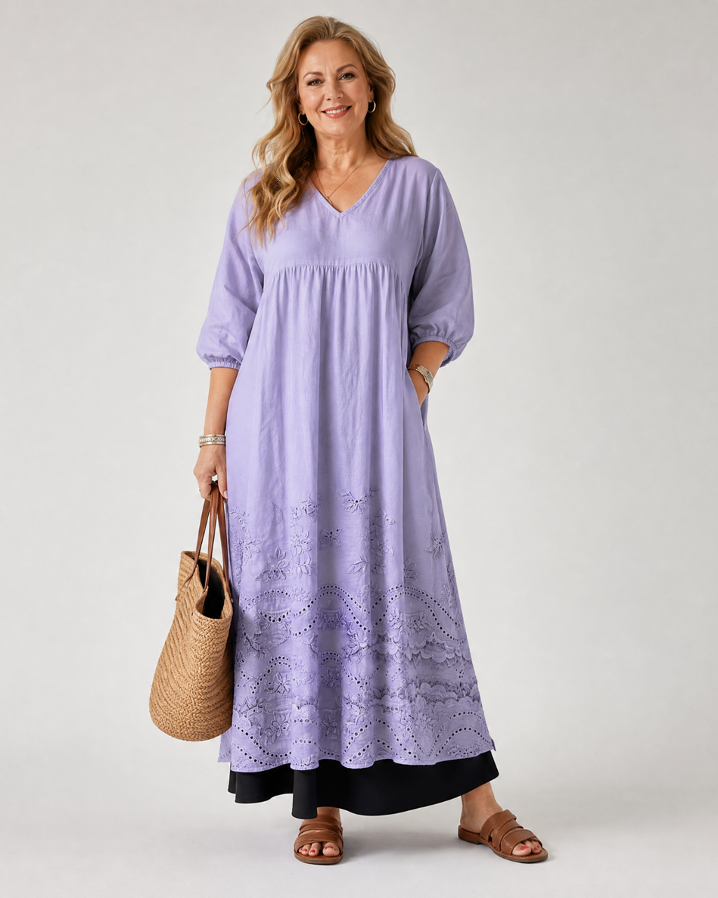Evelene | Robe midi à poches avec ourlet brodé