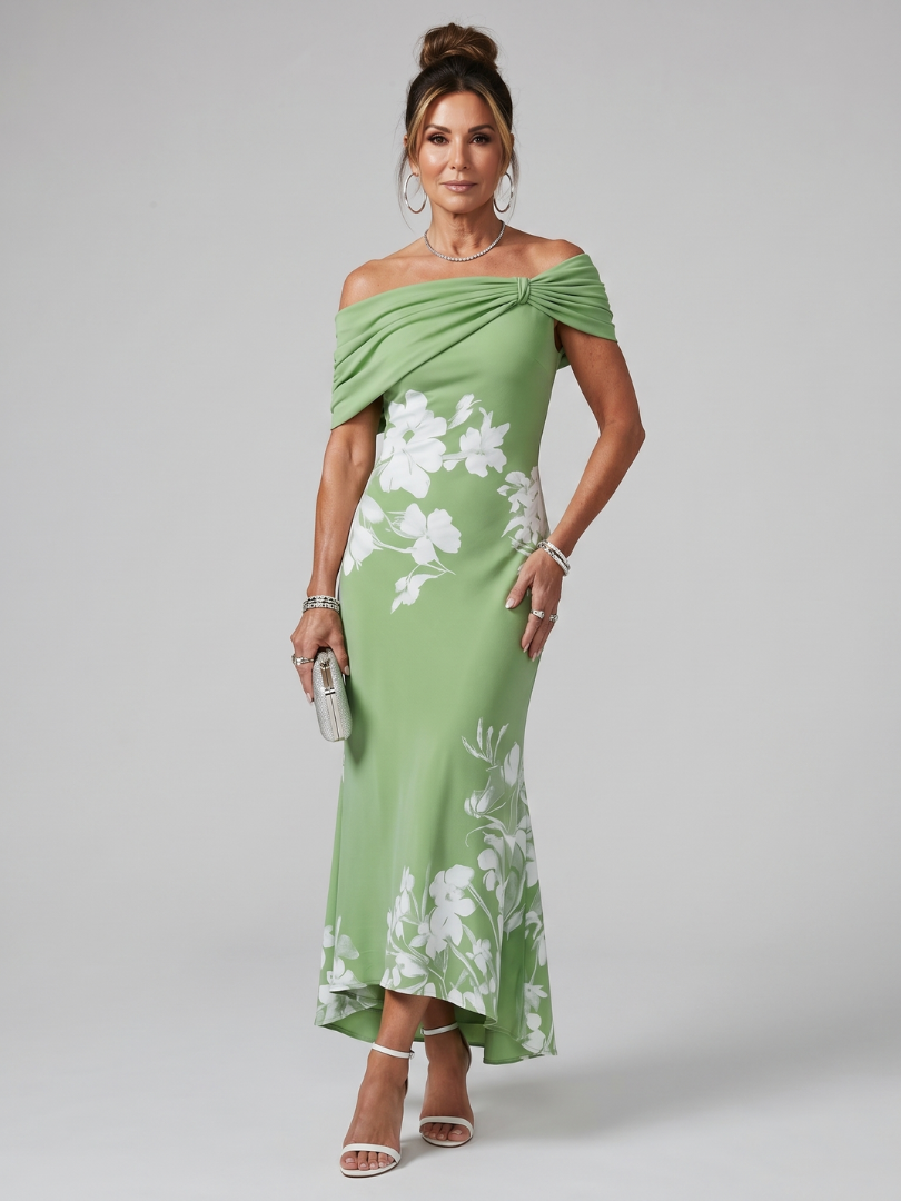 Cosma | Robe Midi à Encolure Drapée Hors Épaules