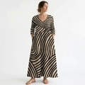 Robe Longue Femme Rayée Élégante Col V Manches Trois Quarts
