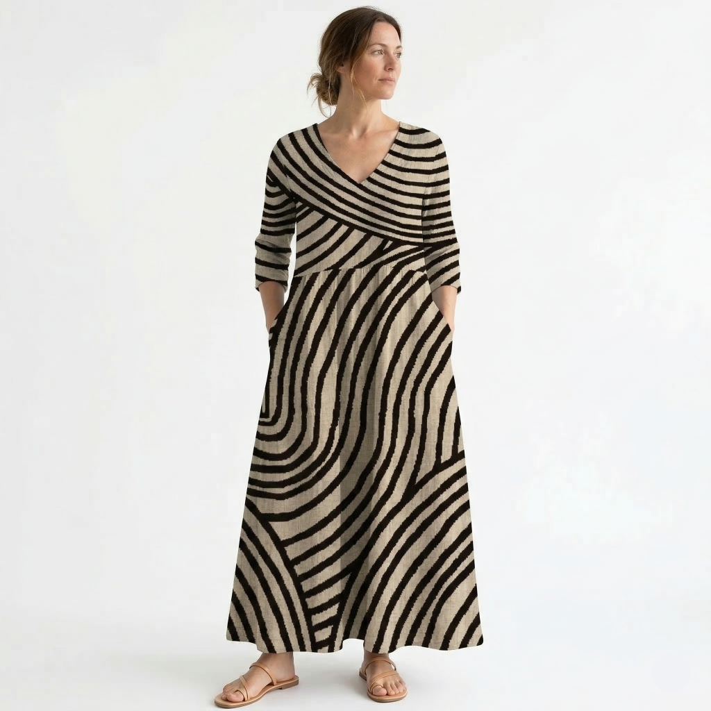 Robe Longue Femme Rayée Élégante Col V Manches Trois Quarts