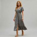 Robe Maxi Femme Florale Élégante Col V Boutons Avant