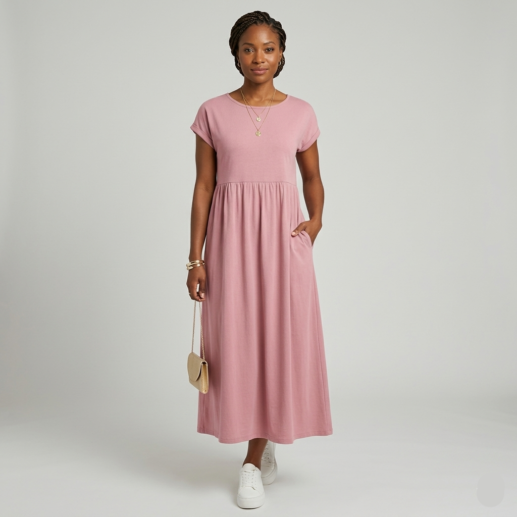 Robe Maxi Femme Élégante Manches Courtes Taille Haute Poches