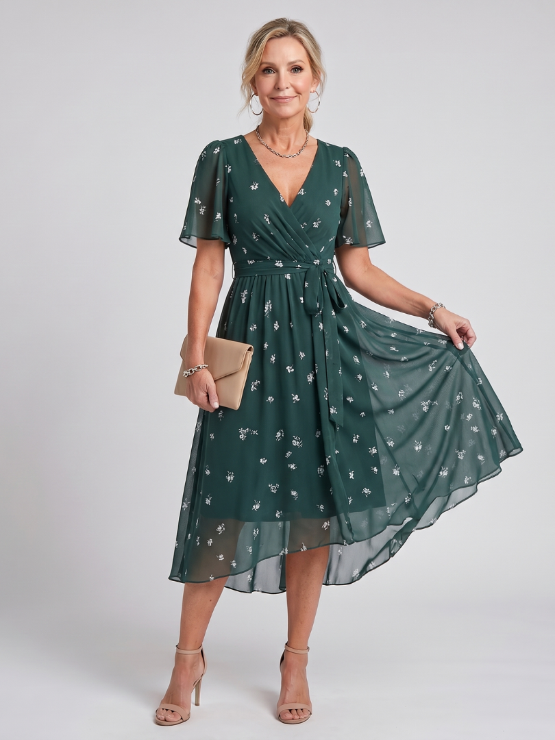 Mirabel | Robe midi à manches flottantes et taille froncée avec imprimé floral