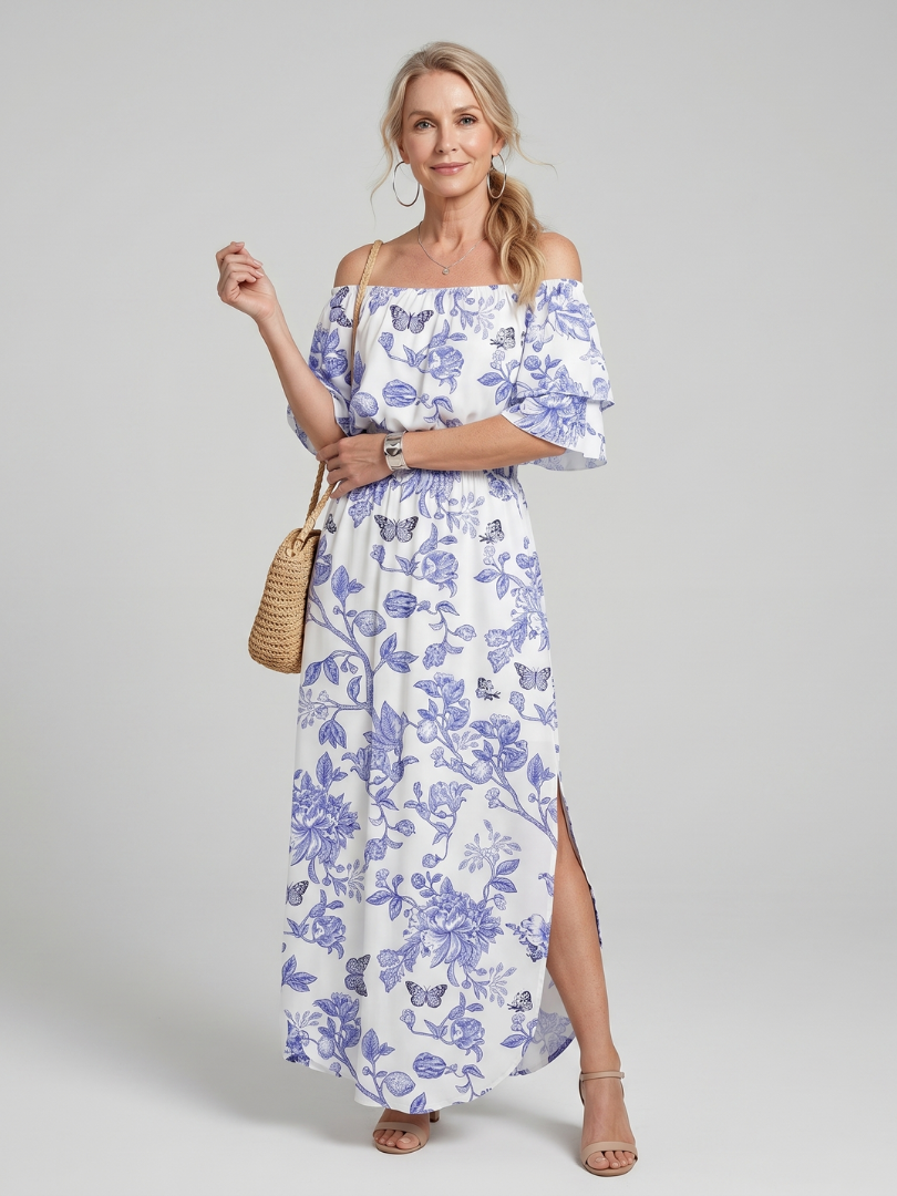 Elowira | Robe midi à imprimé floral doux et épaules dénudées