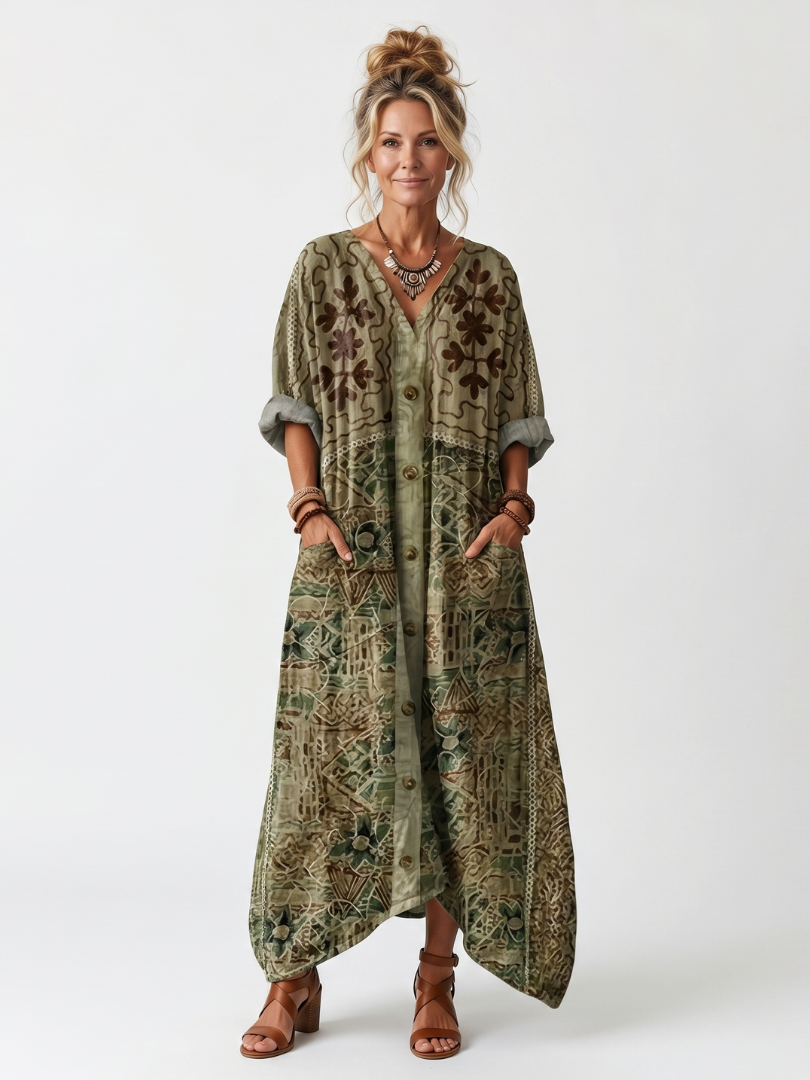 Aleta | Robe Midi Oversized à Poches et Broderie sur le Devant