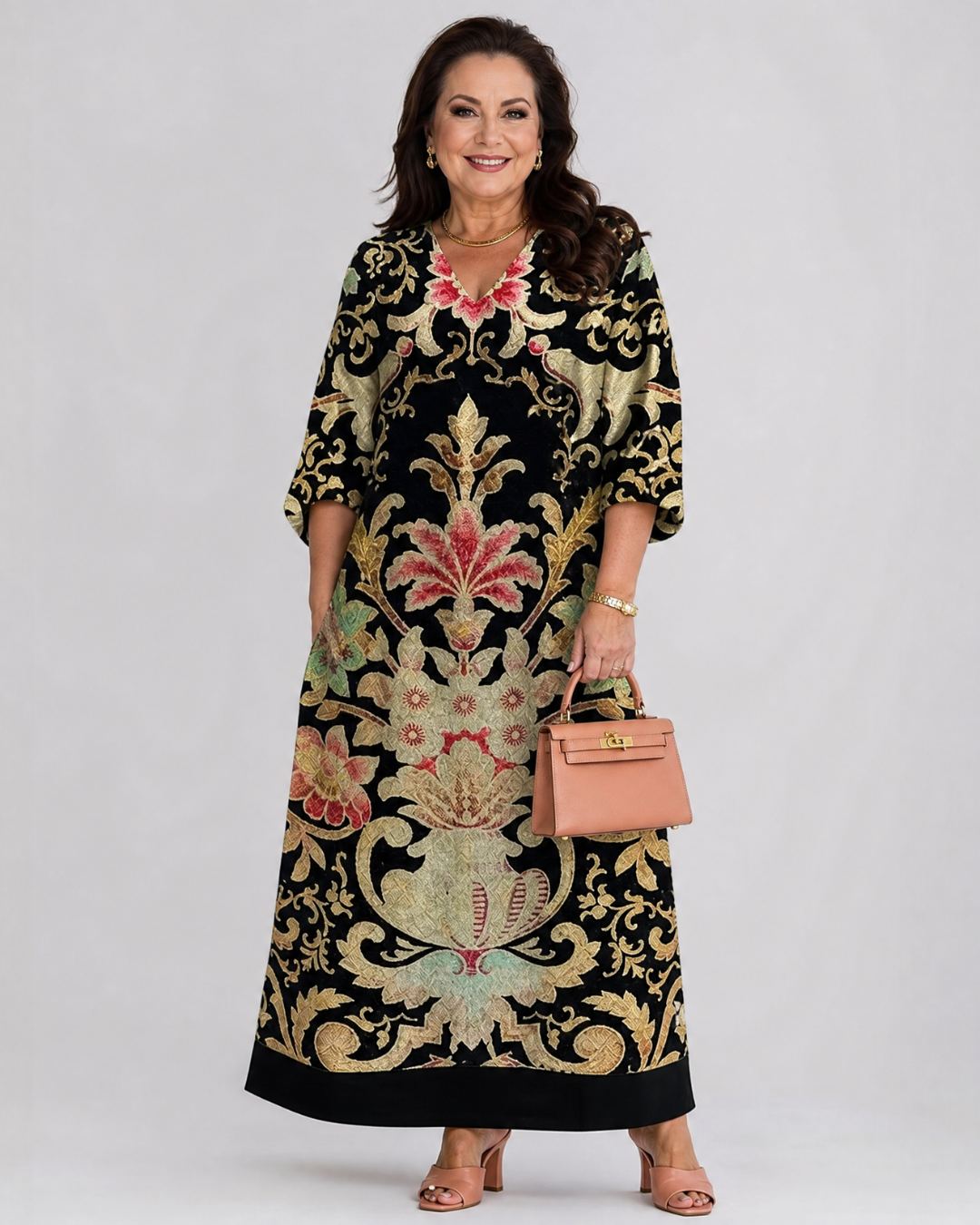Thymera | Robe midi à détail de poche avec motif vintage vif