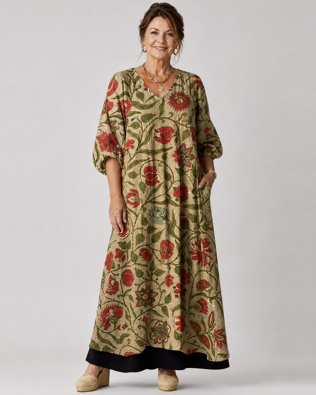 Rimla | Robe midi décontractée à manches trois quarts avec imprimé botanique